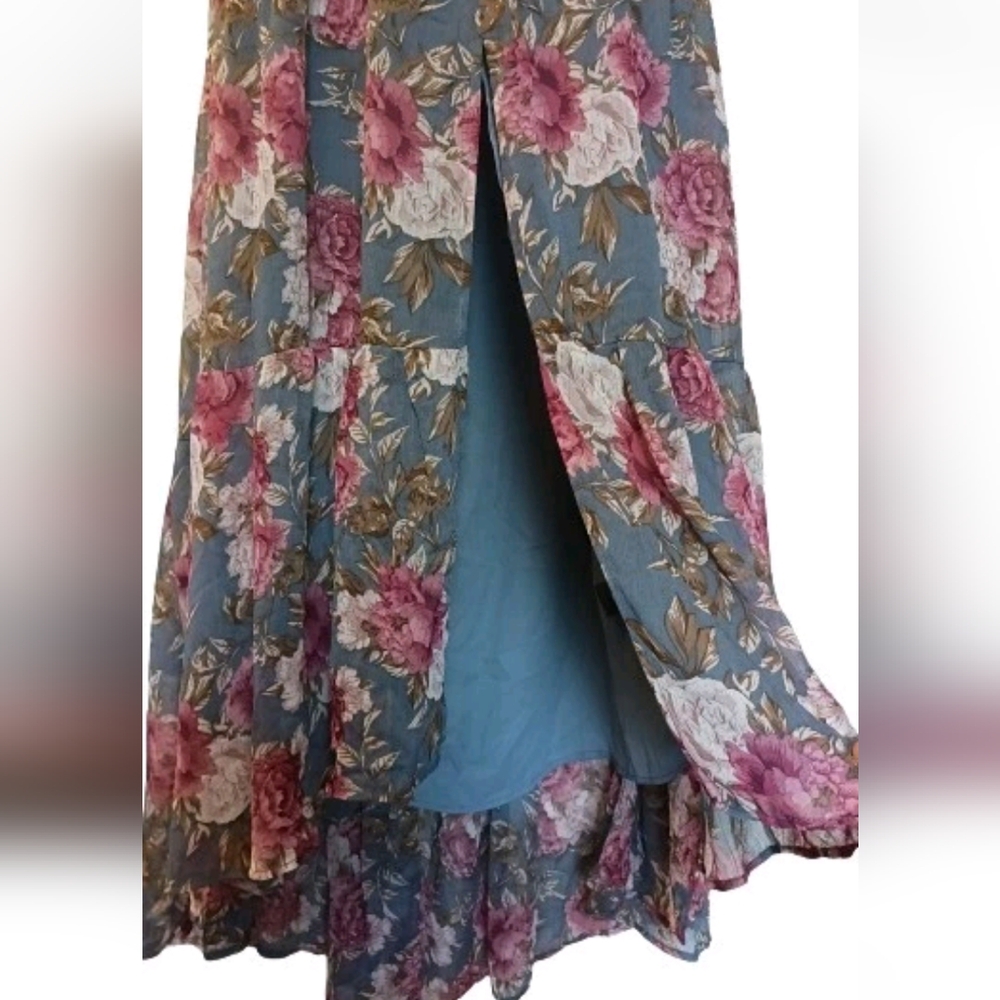 Astr Blue Floral Maxi Dress with Pink Roses - Picture 5 of 8